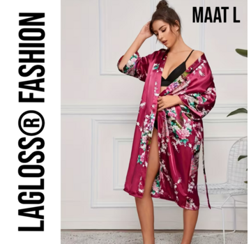 LaGloss Lange Damesbadjas Karmozijnrood met Bloemen- en Pauwenprint - Maat L