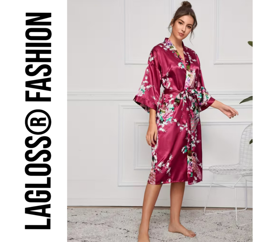 LaGloss® Lange Damesbadjas Karmozijnrood met Bloemen- en Pauwenprint – Ochtendjas – Nachtkleding – Maat XL