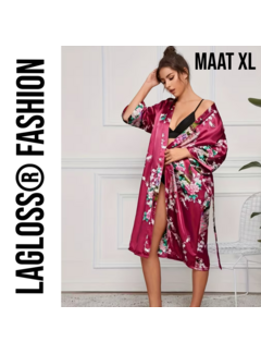 LaGloss Lange Damesbadjas Karmozijnrood met Bloemen- en Pauwenprint - Maat XL