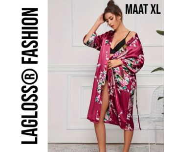 LaGloss Lange Damesbadjas Karmozijnrood met Bloemen- en Pauwenprint - Maat XL