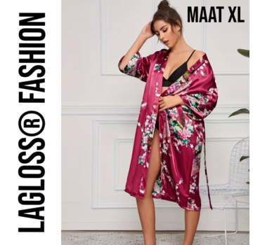 LaGloss Lange Damesbadjas Karmozijnrood met Bloemen- en Pauwenprint - Maat XL