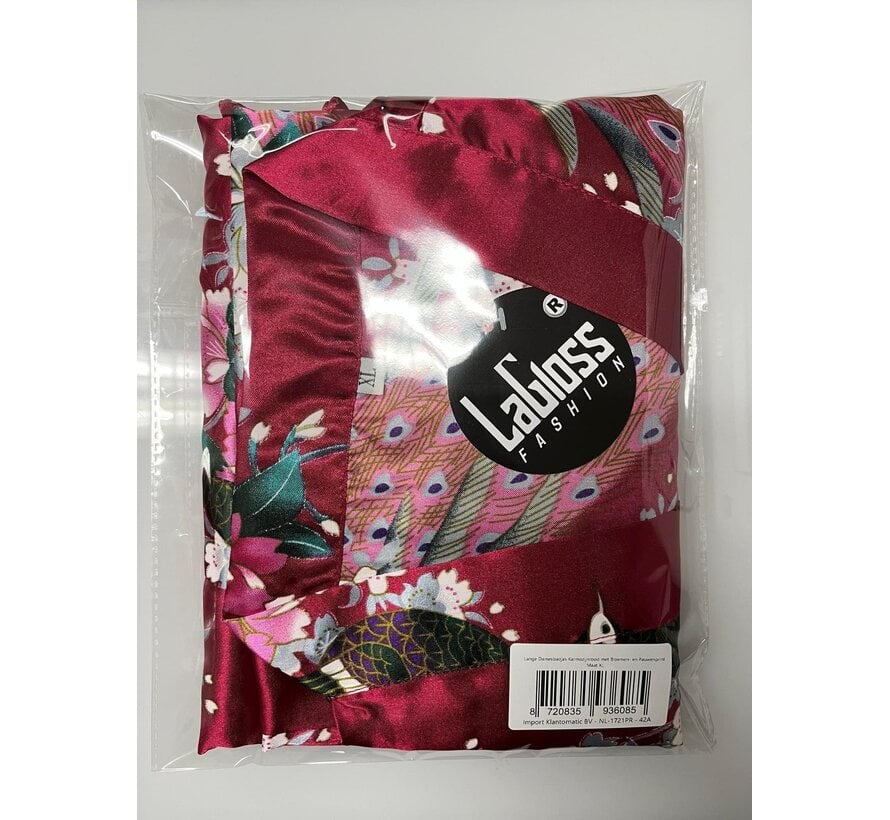 LaGloss® Lange Damesbadjas Karmozijnrood met Bloemen- en Pauwenprint – Ochtendjas – Nachtkleding – Maat XL