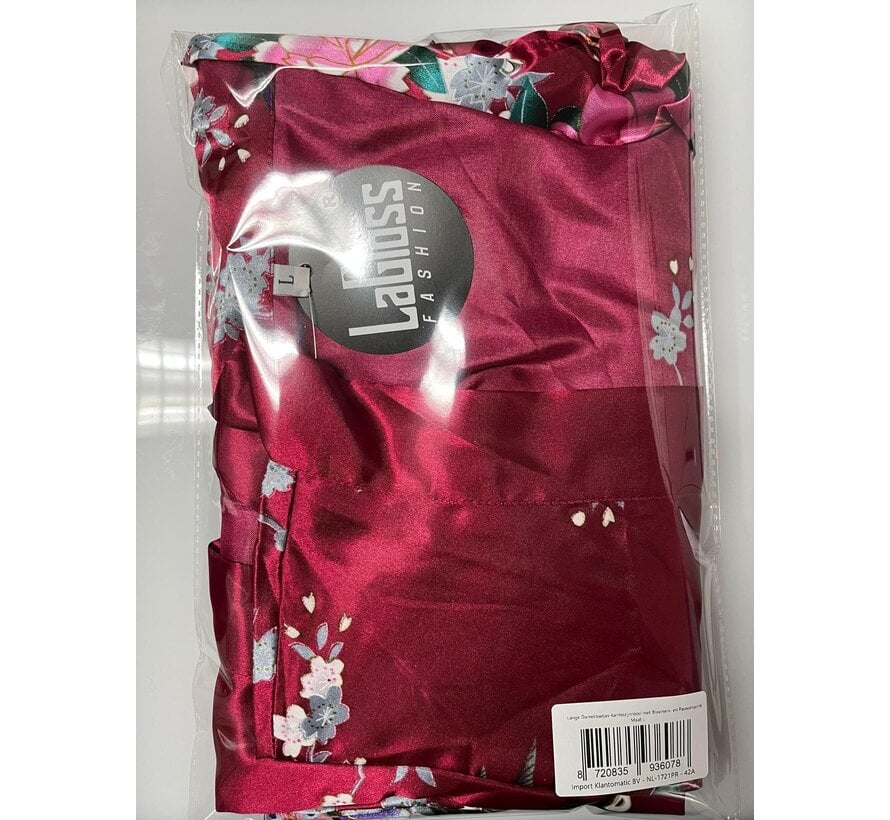 LaGloss® Lange Damesbadjas Karmozijnrood met Bloemen- en Pauwenprint – Ochtendjas – Nachtkleding – Maat L