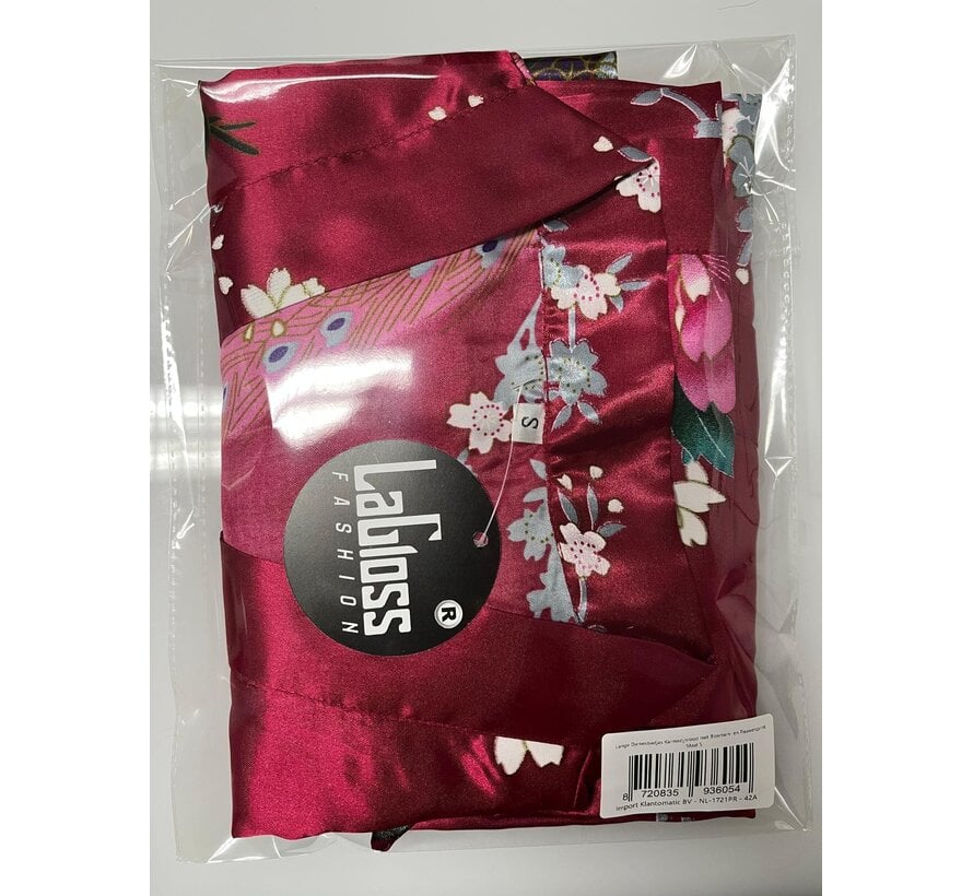 LaGloss® Lange Damesbadjas Karmozijnrood met Bloemen- en Pauwenprint – Ochtendjas – Nachtkleding – Maat S