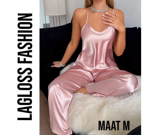 LaGloss LaGloss® Roze Dames Pyjama Set – Camisole & Lange Broek Loungeset – Comfortabel – Nachtmode - Maat M