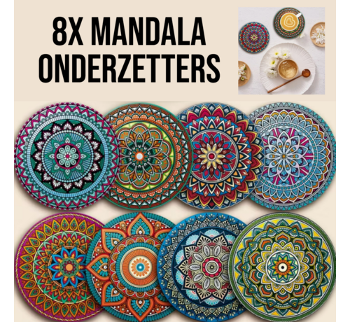 Allernieuwste.nl® 8x Houten Gekleurde Mandala Onderzetters 10 x 10 cm – Decoratieve Set voor Tafel & Woonkamer
