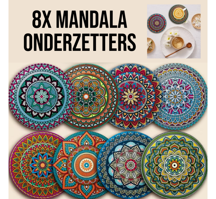 8x Houten Gekleurde Mandala Onderzetters 10 x 10 cm – Decoratieve Set voor Tafel & Woonkamer