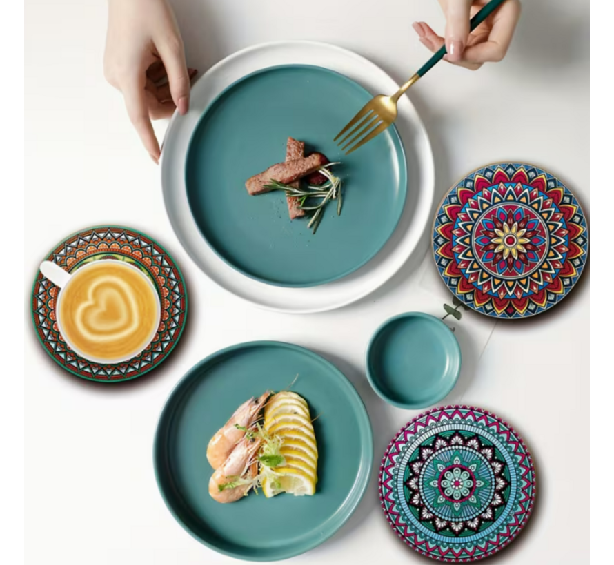 8x Houten Gekleurde Mandala Onderzetters 10 x 10 cm – Decoratieve Set voor Tafel & Woonkamer