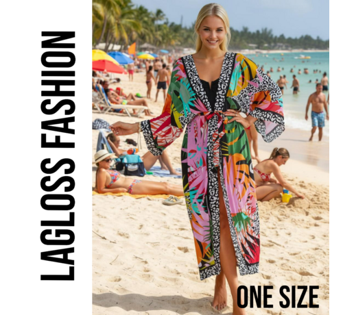 LaGloss LaGloss® Dames Kimonojurk Tropische Print met Riem – Strandjurk & Maxi jurk – Kimono - One Size