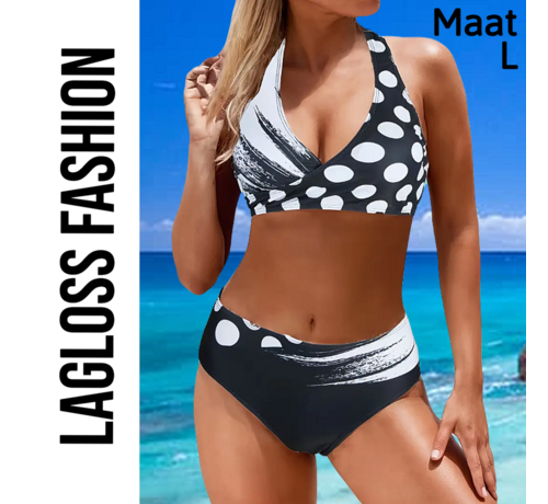 LaGloss LaGloss® 2-Delige Bikini Set met Zwart Wit Print Maat L - Trendy Badmode voor Dames