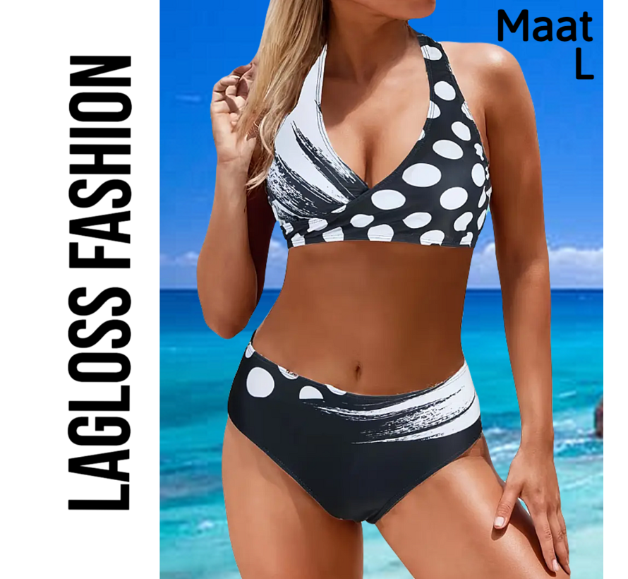 LaGloss® 2-Delige Bikini Set met Zwart Wit Print Maat L - Trendy Badmode voor Dames