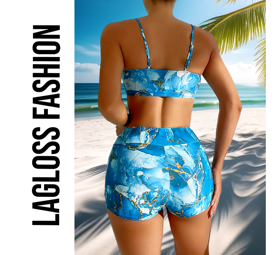 LaGloss® Dames Blauwe Print Bikini Set – Spaghetti Band Top & Hoge Broek – Hoge Stretch Zwemkleding – Comfortabele Zomer Strandoutfit – Maat M