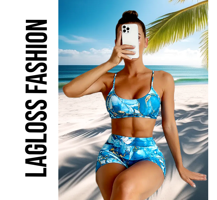 LaGloss® Dames Blauwe Print Bikini Set – Spaghetti Band Top & Hoge Broek – Hoge Stretch Zwemkleding – Comfortabele Zomer Strandoutfit – Maat M