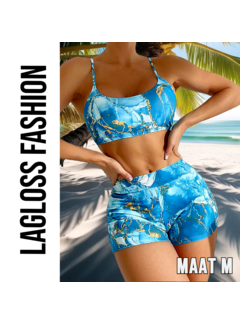 LaGloss Dames Blauwe Print Bikini Set – Spaghetti Band Top & Hoge Broek – Maat M