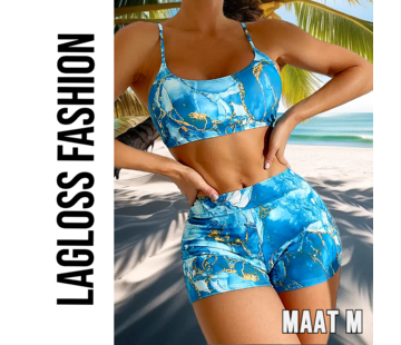 LaGloss Dames Blauwe Print Bikini Set – Spaghetti Band Top & Hoge Broek – Maat M