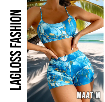 LaGloss Dames Blauwe Print Bikini Set – Spaghetti Band Top & Hoge Broek – Maat M
