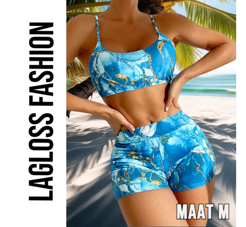 LaGloss LaGloss® Dames Blauwe Print Bikini Set – Spaghetti Band Top & Hoge Broek – Hoge Stretch Zwemkleding – Comfortabele Zomer Strandoutfit – Maat M