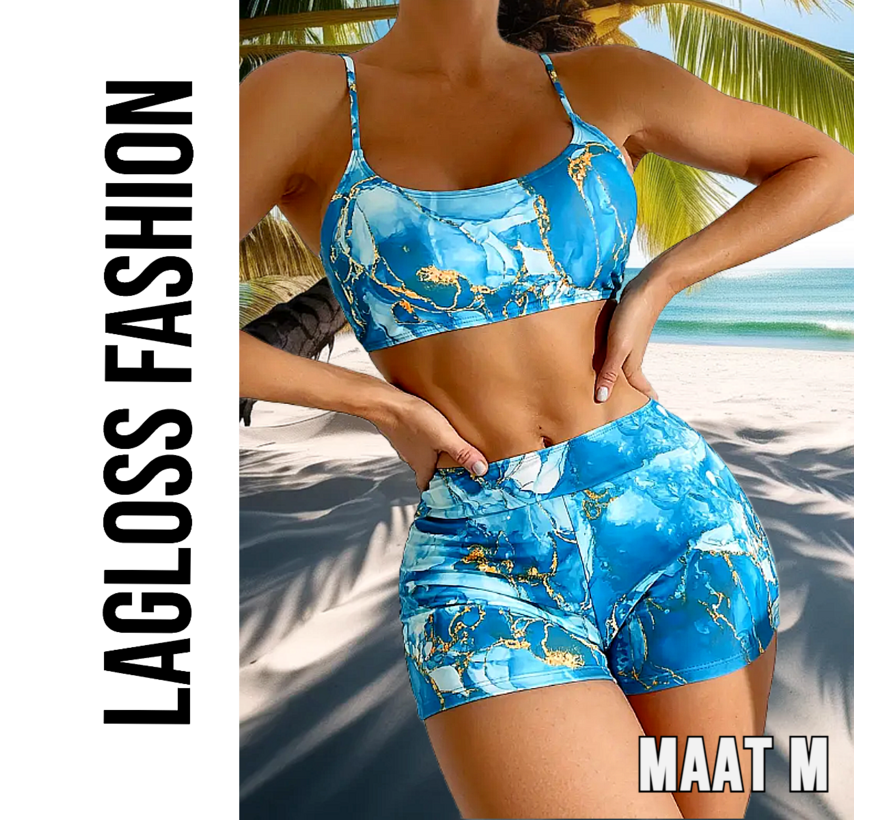 LaGloss® Dames Blauwe Print Bikini Set – Spaghetti Band Top & Hoge Broek – Hoge Stretch Zwemkleding – Comfortabele Zomer Strandoutfit – Maat M