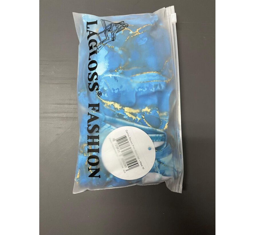 LaGloss® Dames Blauwe Print Bikini Set – Spaghetti Band Top & Hoge Broek – Hoge Stretch Zwemkleding – Comfortabele Zomer Strandoutfit – Maat M