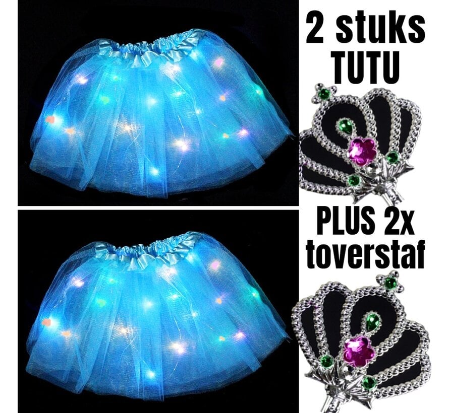 Allernieuwste.nl® 2 STUKS Tutu Kinder Rokje met Gekleurde Lichtjes PLUS 2 STUKS Toverstaf - Kinder Petticoat - 2 Stuks: BLAUW