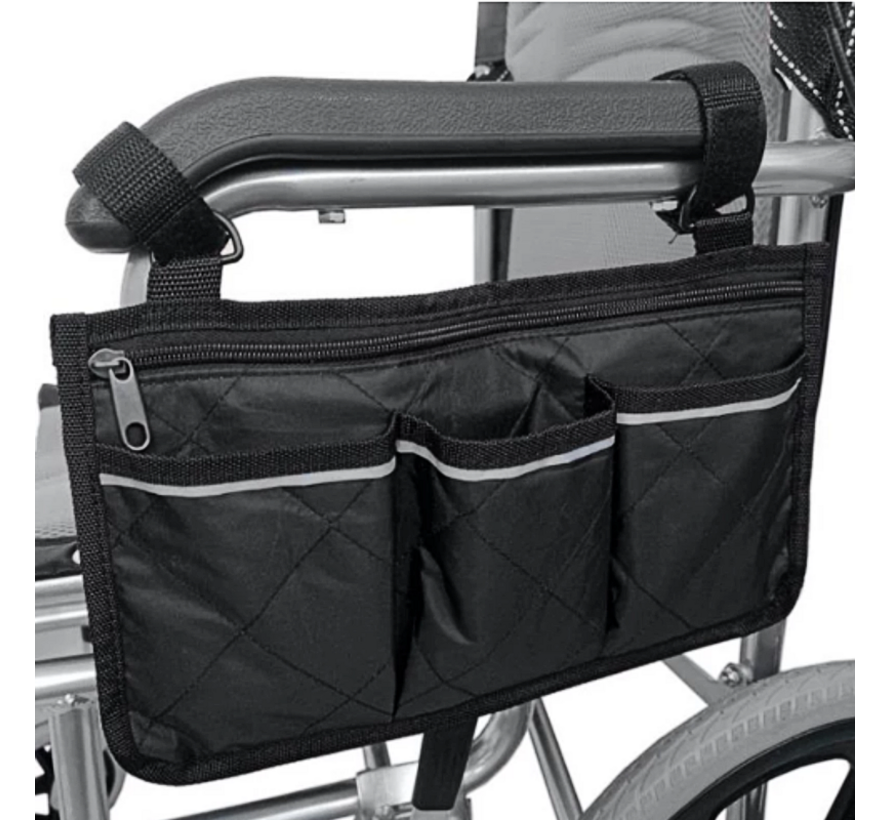 Allernieuwste.nl® Rolstoel Armsteun Opbergtas Zwart - Rolstoeltas met 4 Opbergvakken - 32.5 x 18 cm - Kleur ZWART