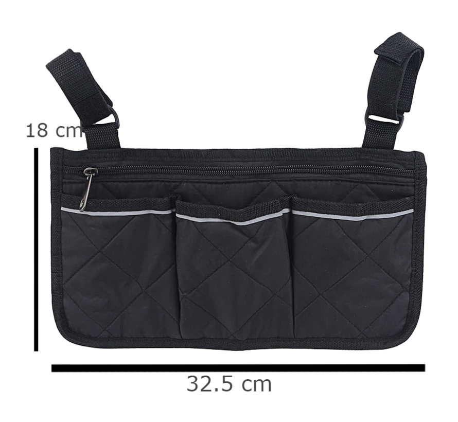 Allernieuwste.nl® Rolstoel Armsteun Opbergtas Zwart - Rolstoeltas met 4 Opbergvakken - 32.5 x 18 cm - Kleur ZWART
