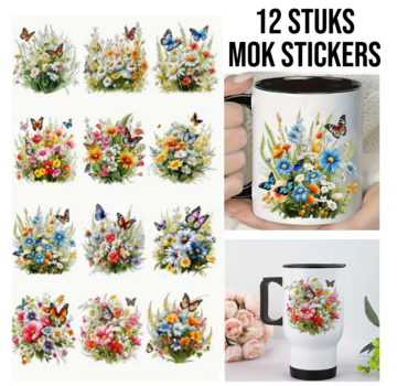 Allernieuwste.nl® Set 12 Stuks Lente Wilde Bloemen Stickers voor o.a. Mokken & Glazen**