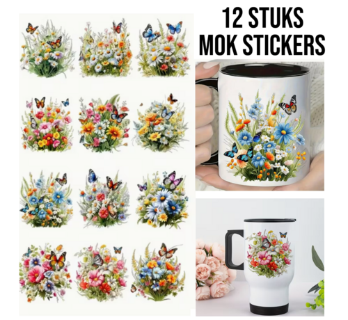 Allernieuwste.nl® Set 12 Stuks Lente Wilde Bloemen Transfer Stickers – UV DTF voor Mokken, Glazen, Laptop, Lunchtrommel, Raamhanger – Creatief Decoratief