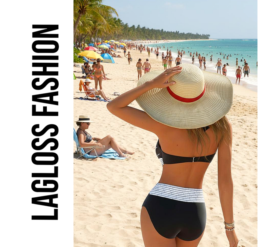 LaGloss® 2-Delig Zwart-Witte Dames Bikini Set V-Hals – Hoog Elastisch en Comfortabel - Zomer Strandoutfit - Hoge Stretch Zwemkleding – Maat L