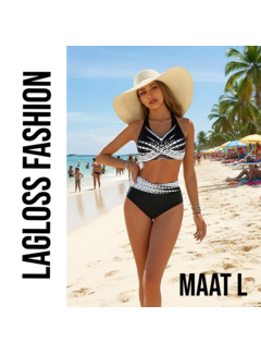 LaGloss 2-Delig Zwart-Witte Dames Bikini Set V-Hals – Maat L