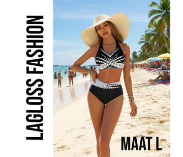 LaGloss 2-Delig Zwart-Witte Dames Bikini Set V-Hals – Maat L