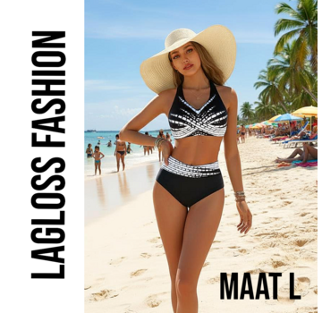 LaGloss 2-Delig Zwart-Witte Dames Bikini Set V-Hals – Maat L