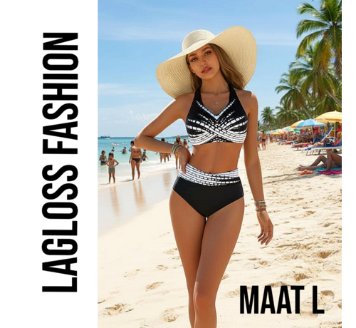 LaGloss LaGloss® 2-Delig Zwart-Witte Dames Bikini Set V-Hals – Hoog Elastisch en Comfortabel - Zomer Strandoutfit - Hoge Stretch Zwemkleding – Maat L