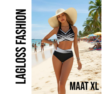 LaGloss 2-Delig Zwart-Witte Dames Bikini Set V-Hals – Maat XL