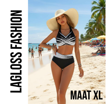 LaGloss 2-Delig Zwart-Witte Dames Bikini Set V-Hals – Maat XL