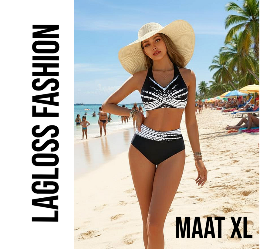 LaGloss® 2-Delig Zwart-Witte Dames Bikini Set V-Hals – Hoog Elastisch en Comfortabel - Zomer Strandoutfit - Hoge Stretch Zwemkleding – Maat XL