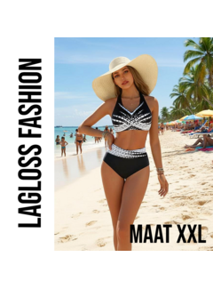 LaGloss 2-Delig Zwart-Witte Dames Bikini Set V-Hals – Maat XXL