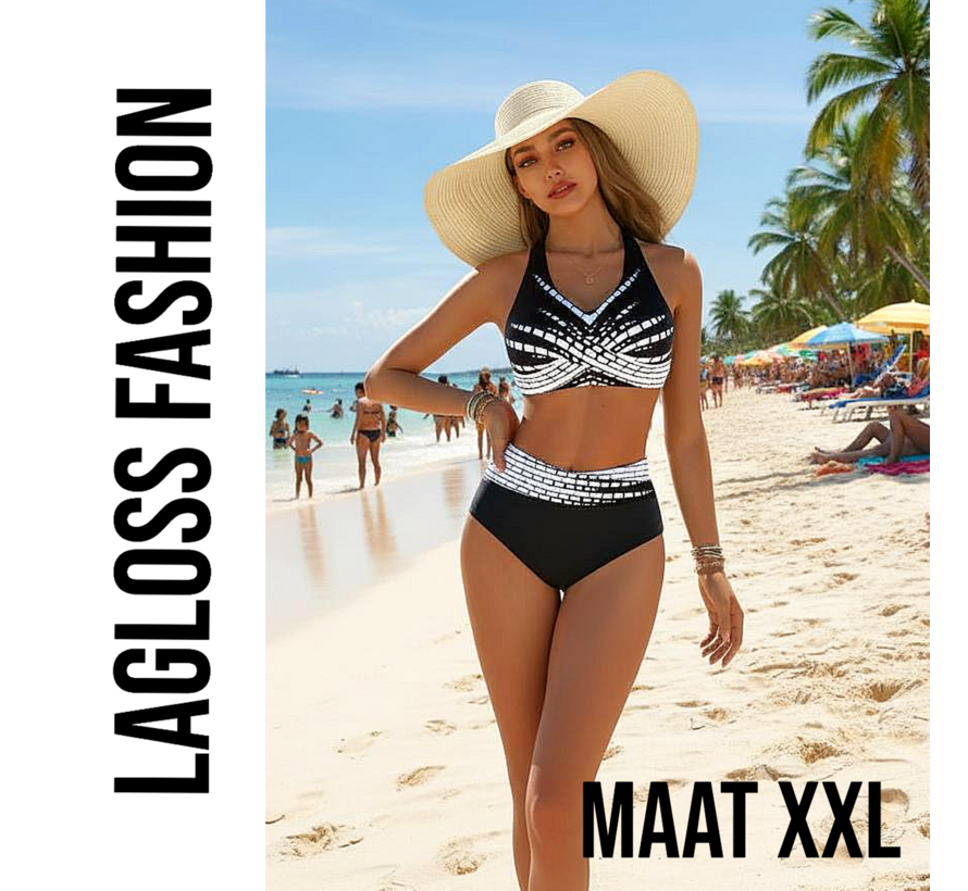 LaGloss® 2-Delig Zwart-Witte Dames Bikini Set V-Hals – Hoog Elastisch en Comfortabel - Zomer Strandoutfit - Hoge Stretch Zwemkleding – Maat XXL