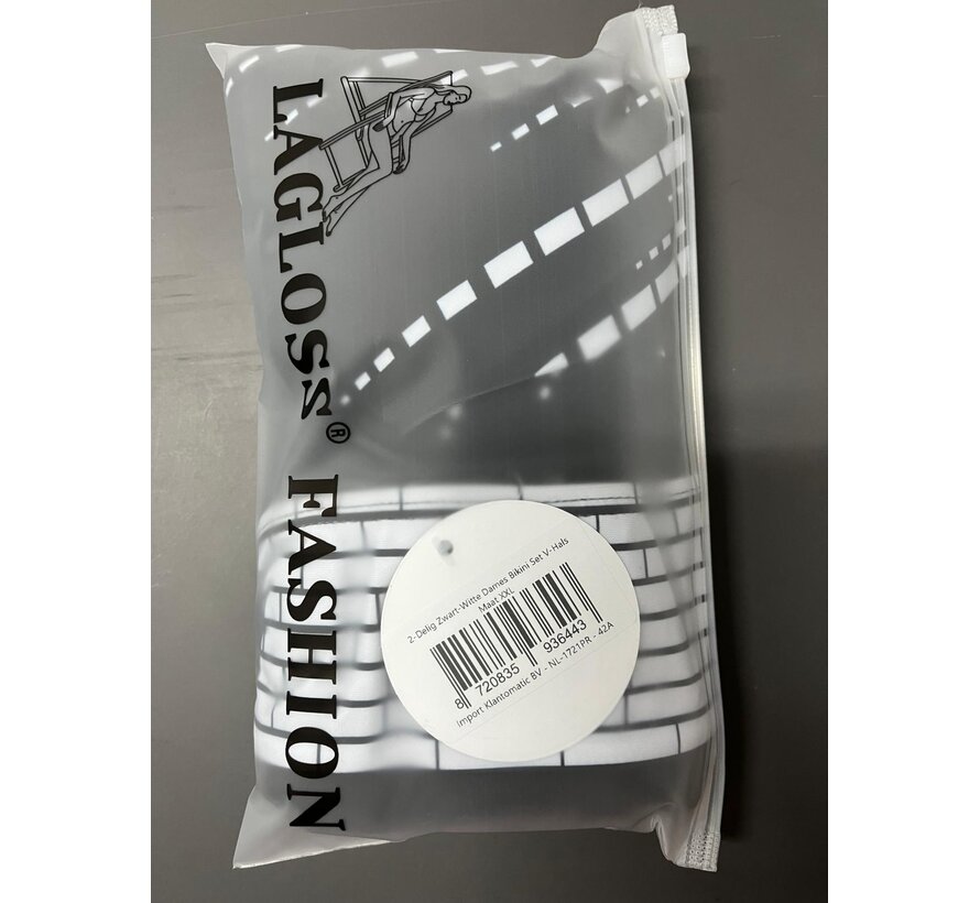 LaGloss® 2-Delig Zwart-Witte Dames Bikini Set V-Hals – Hoog Elastisch en Comfortabel - Zomer Strandoutfit - Hoge Stretch Zwemkleding – Maat XXL