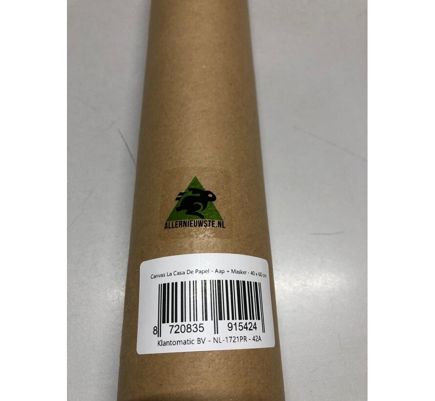 Allernieuwste.nl® Canvas Schilderij La Casa De Papel - Aap met Masker - Dieren - Kunst - Poster - 40 x 60 cm - Zwart Wit