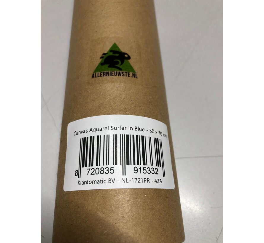Allernieuwste.nl® Canvas Schilderij * Aquarel Surfer in Blue * - Surfsport - Aquarel Print - Kleur - 50 x 70 cm