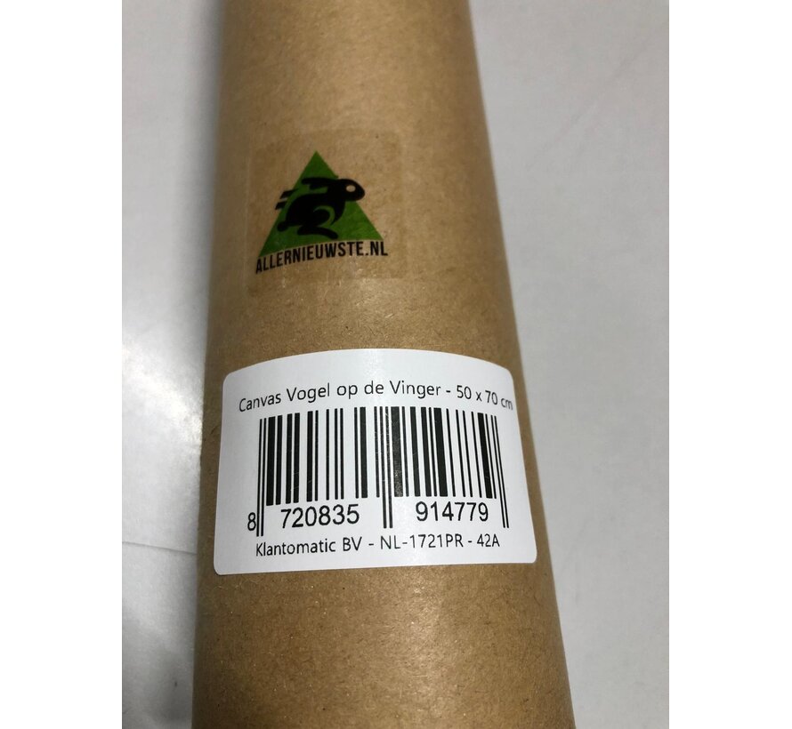 Allernieuwste.nl® Canvas Schilderij * Vogel op de Vinger * - Kunst aan je Muur - Modern Realistisch - Kleur - 50 x 70 cm