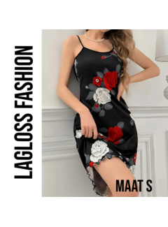 LaGloss Zwarte Camisole Nachtjurk met Bloemenprint – Maat S