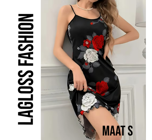 LaGloss LaGloss® Zwarte Camisole Nachtjurk met Bloemenprint – Spaghettibandjes & Ronde Hals – Maat S