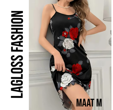 LaGloss Zwarte Camisole Nachtjurk met Bloemenprint – Maat M