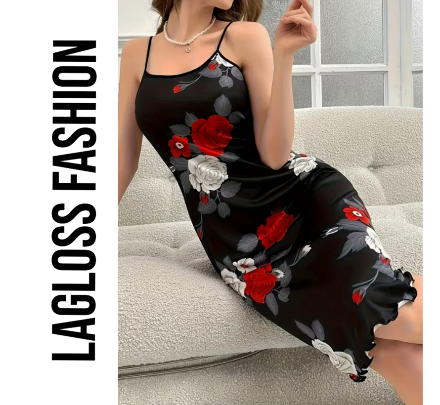 LaGloss® Zwarte Camisole Nachtjurk met Bloemenprint – Spaghettibandjes & Ronde Hals – Maat L