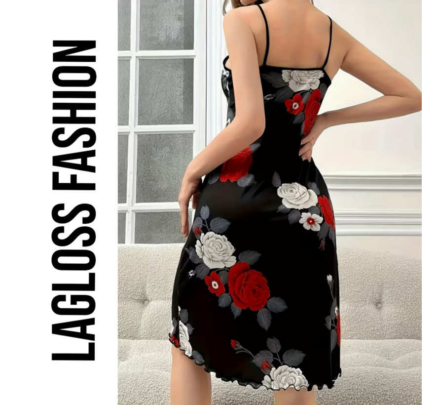LaGloss® Zwarte Camisole Nachtjurk met Bloemenprint – Spaghettibandjes & Ronde Hals – Maat L