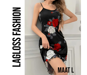 LaGloss Zwarte Camisole Nachtjurk met Bloemenprint – Maat L