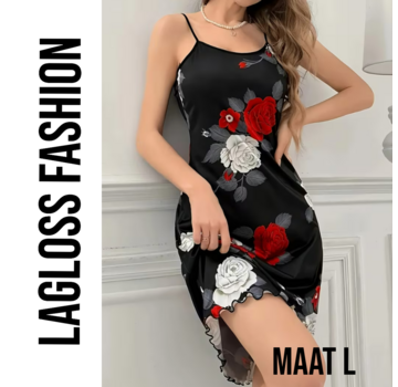 LaGloss Zwarte Camisole Nachtjurk met Bloemenprint – Maat L