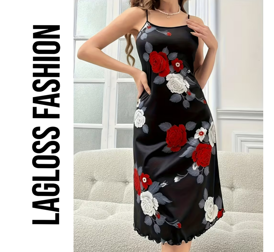 LaGloss® Zwarte Camisole Nachtjurk met Bloemenprint – Spaghettibandjes & Ronde Hals – Maat XL